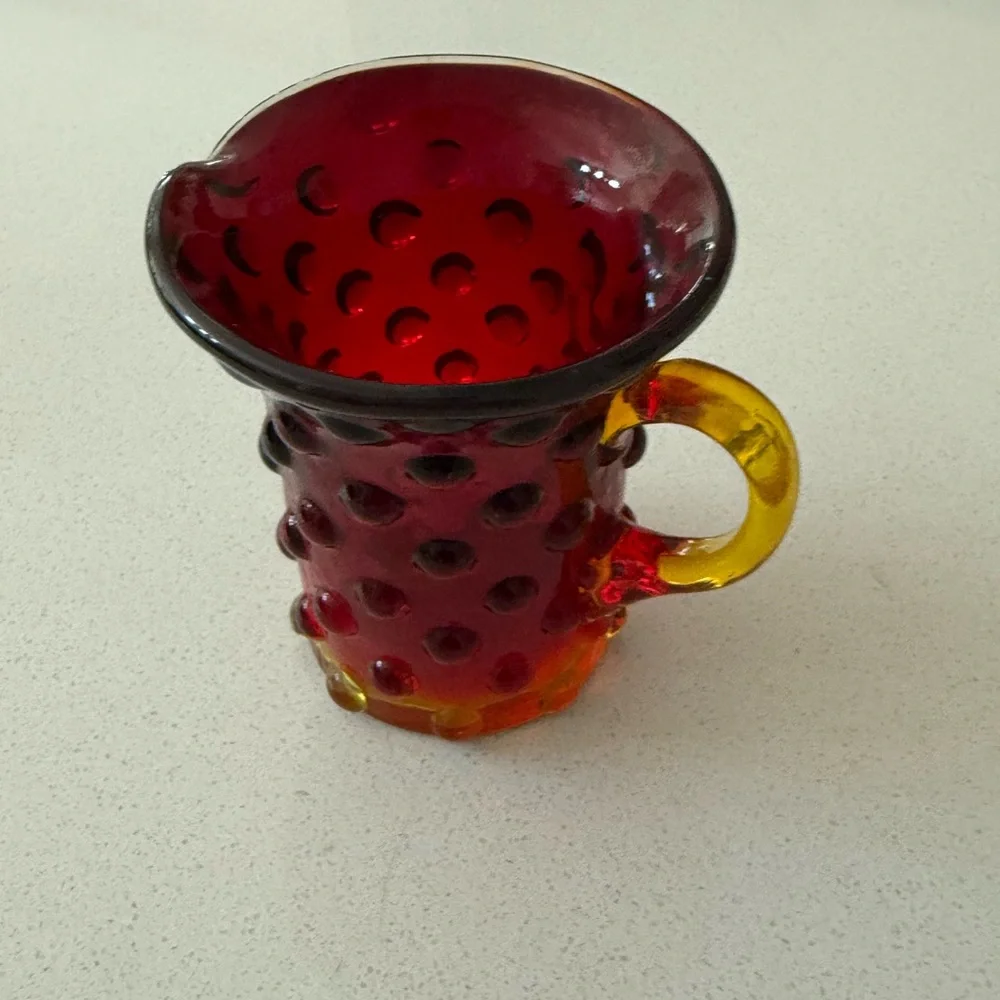 Glows! MCM Vintage Kanawha Amberina‎ Hobnail Small Pitcher Applied Handle 3.5